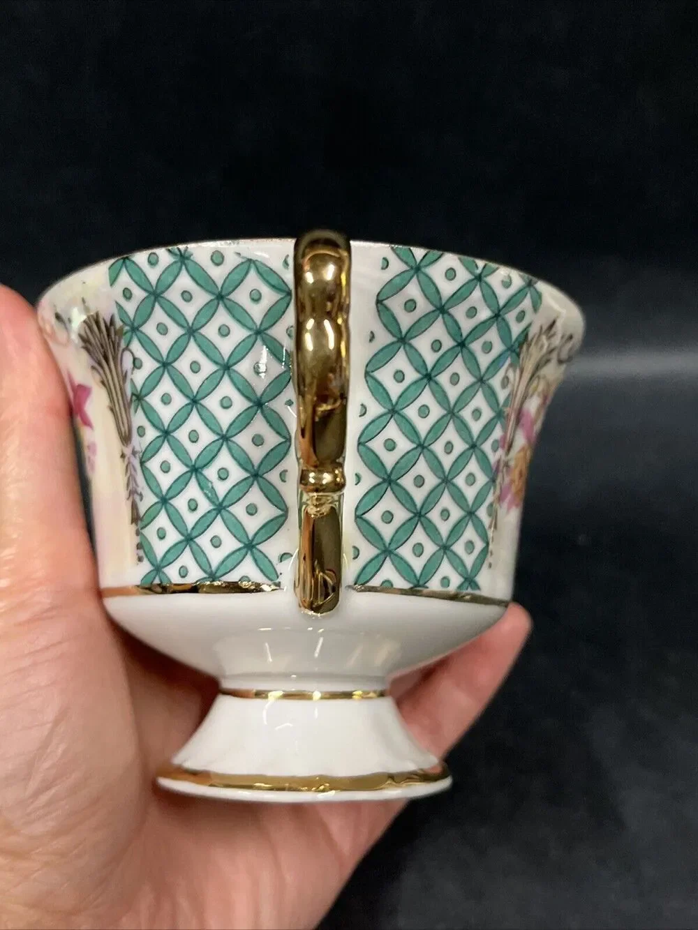 VTG L M Royal Halsey Very Fine Teacup & Saucer Floral Pink Green Gold Iridescent